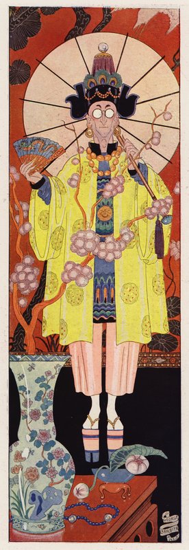 Chevalier de Villeclos i kinesisk kostym (färg litho) av English School