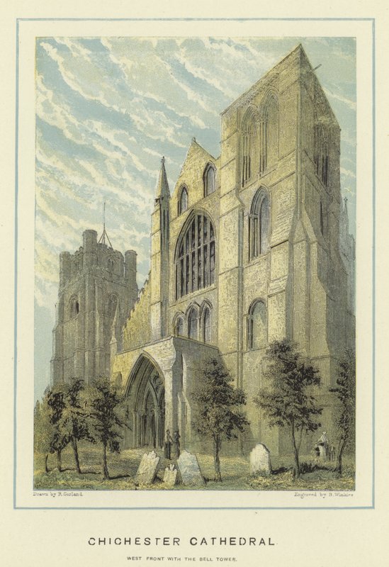 Chichester Cathedral, västra fronten med klocktornet av English School