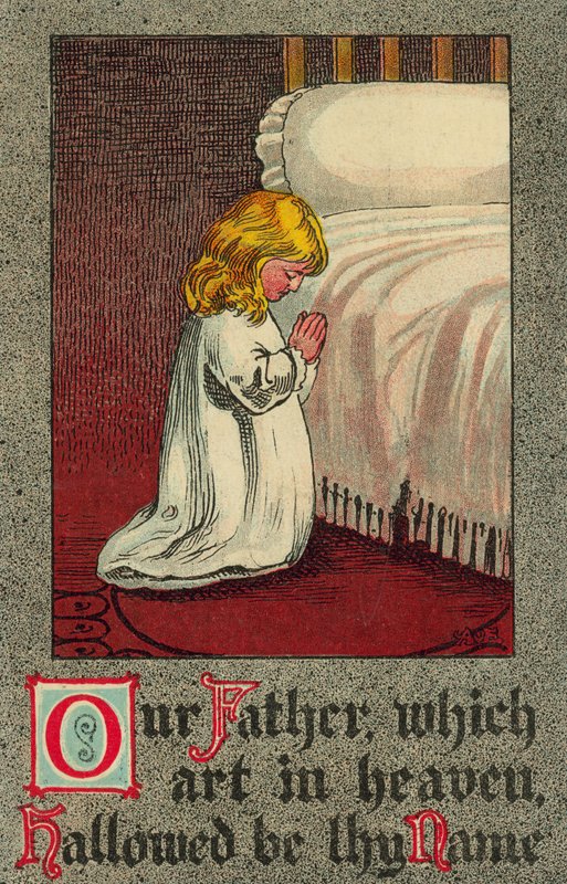 Barn vid sänggåendet reciterar Herrens bön (färg litho) av English School