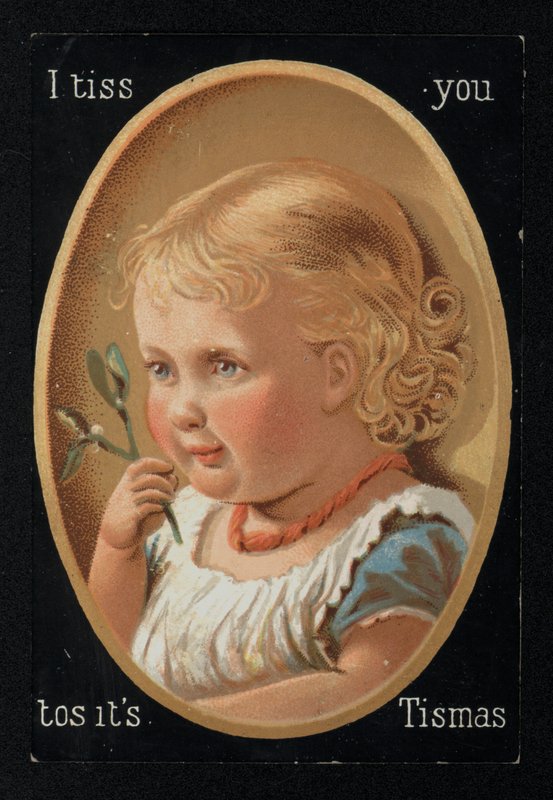 Barn med mistel, julhälsningskort. (chromolitho) av English School