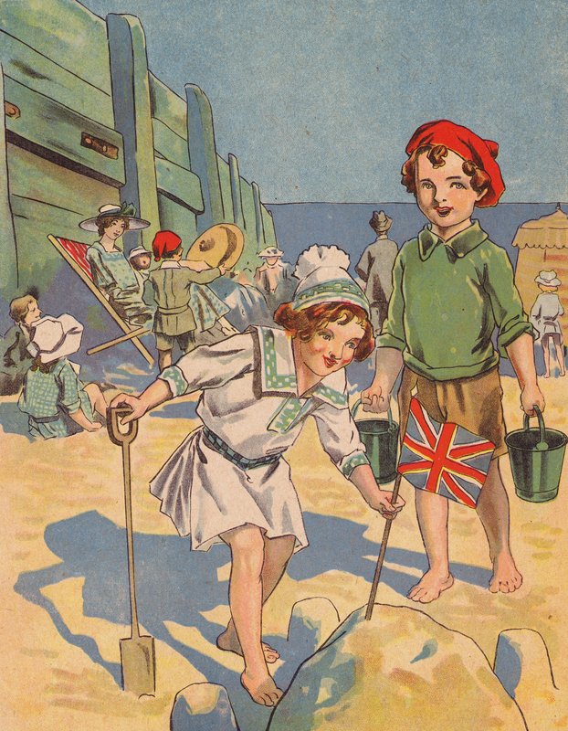Barn som bygger ett sandslott (färg litho) av English School