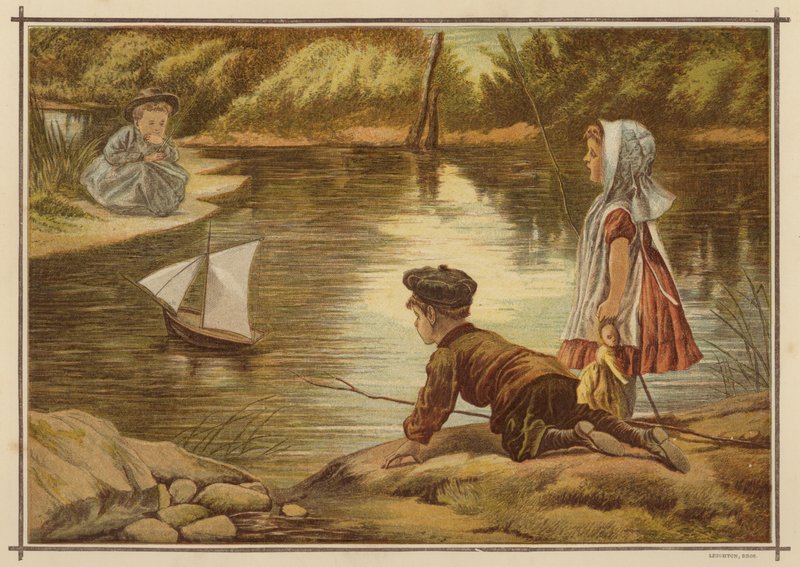 Barn som sjösätter en modellyacht (färg litho) av English School