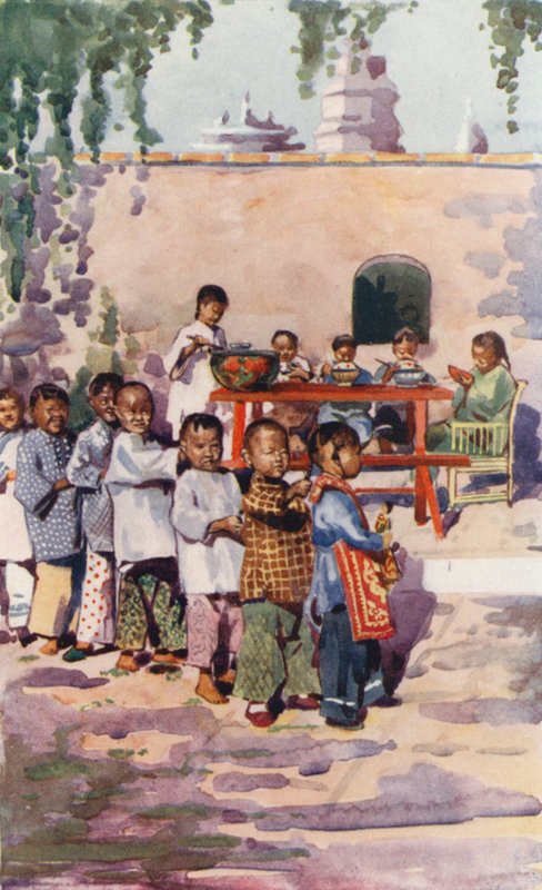 Barn i Kina: Barn vid matbordet och på lekplatsen (färglitografi) av English School