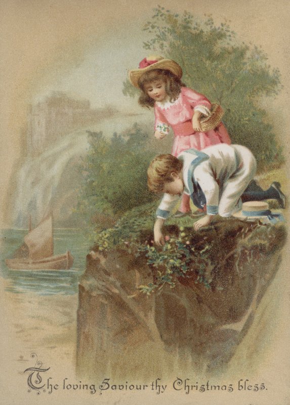 Barn som plockar blommor på en flodstrand, julkort (chromolitho) av English School
