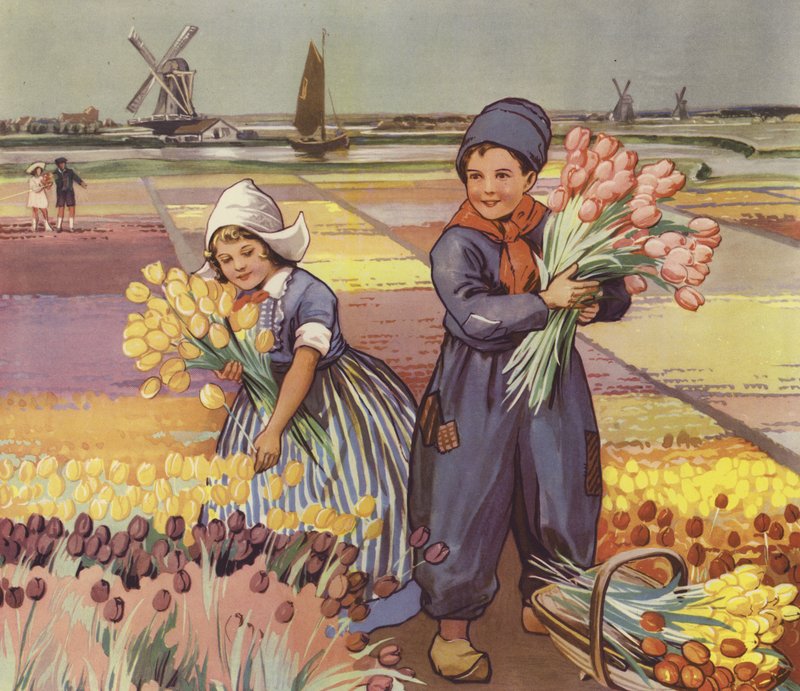 Barn plockar tulpaner i Holland (färglitografi) av English School