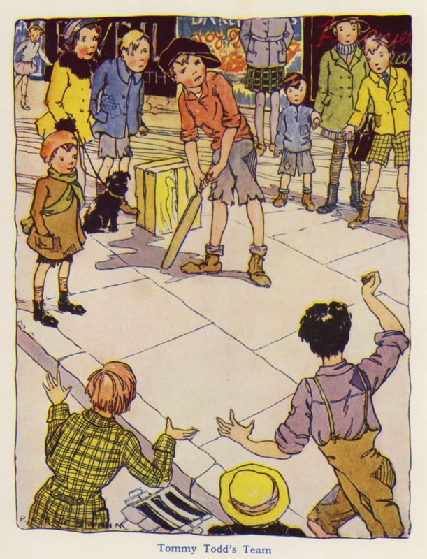 Barn som spelar cricket på gatan (färg litho) av English School