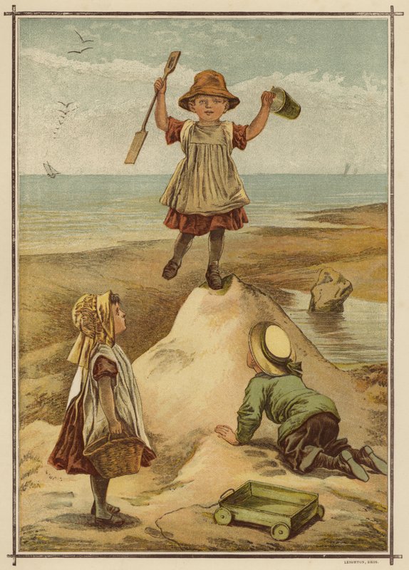 Barn som leker kungen av slottet vid havet (färg litho) av English School