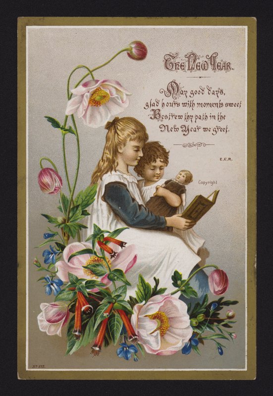 Barn som läser en bok, nyårskort, sent 1800-tal eller tidigt 1900-tal (chromolitho) av English School