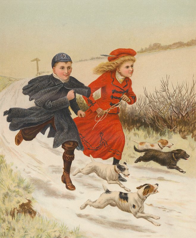 Barn springer med hundar längs en snöig väg (chromolitho) av English School
