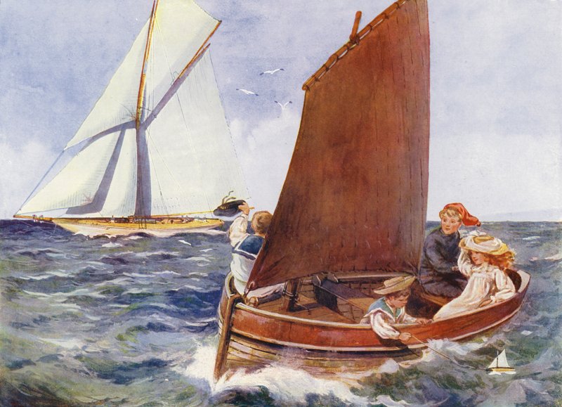 Barn som seglar och tittar på en passerande yacht (färg litho) av English School
