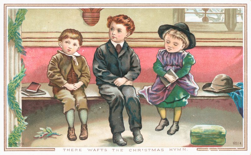 Barn som sitter i kyrkan, julkort av English School