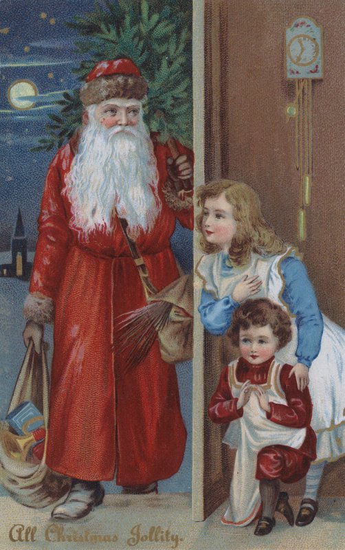 Barn som väntar på jultomten, julkort (chromolitho) av English School