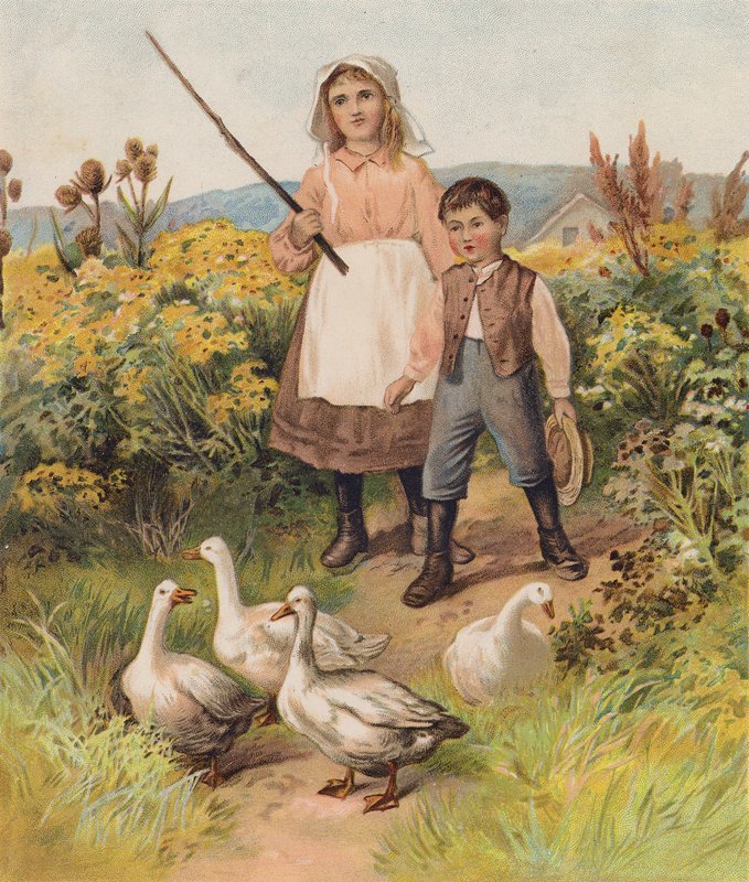 Barn med gäss (chromolitho) av English School