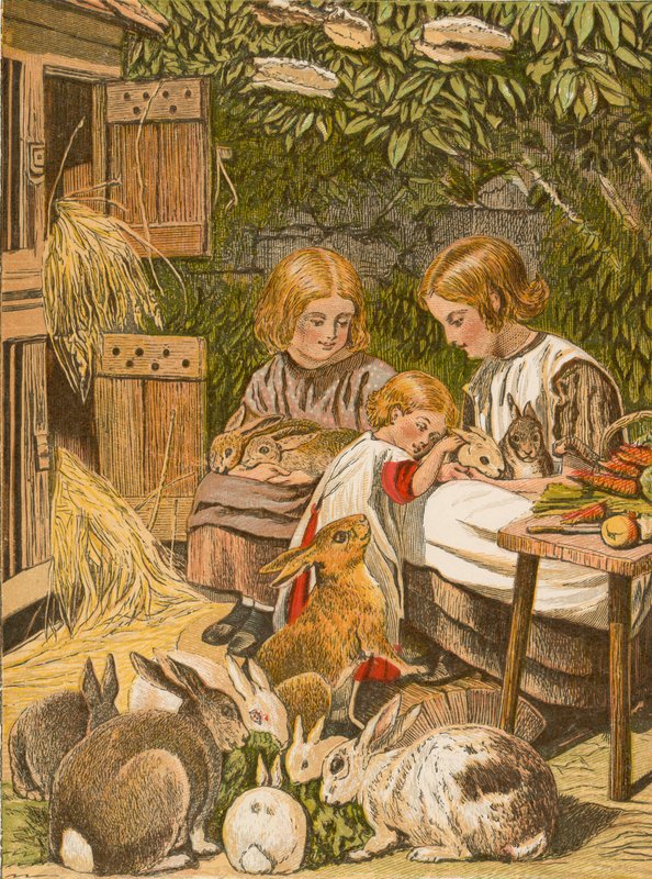 Barn med sina kaniner (färglitografi) av English School