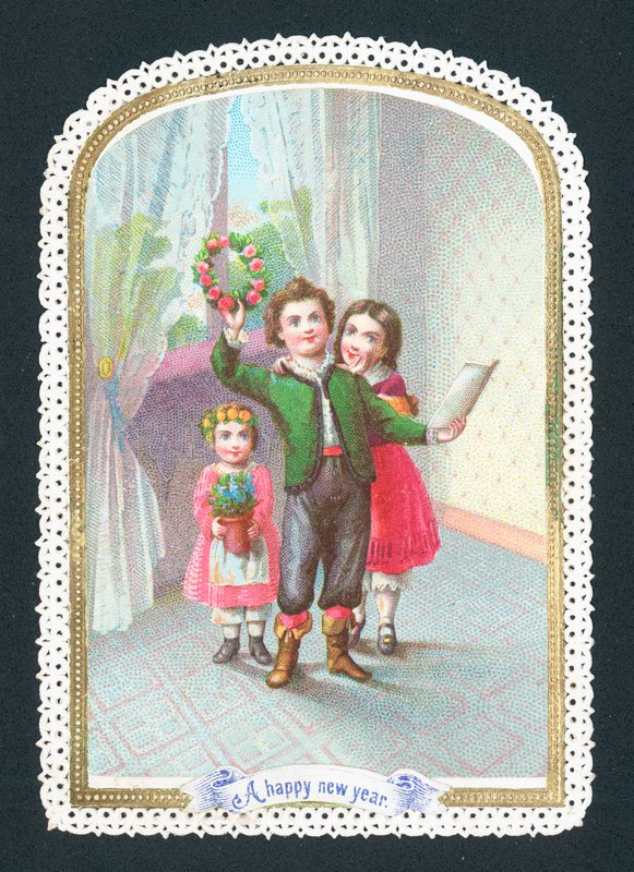 Barn med krans och blommor, nyårskort av English School