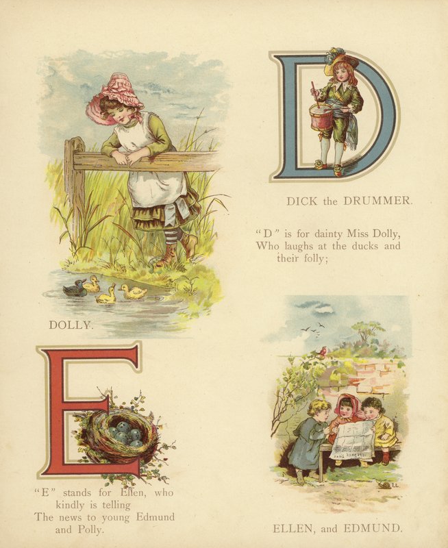 Barnens namn: Trumslagaren Dick, Dolly, Ellen, Edmund (färglitografi) av English School