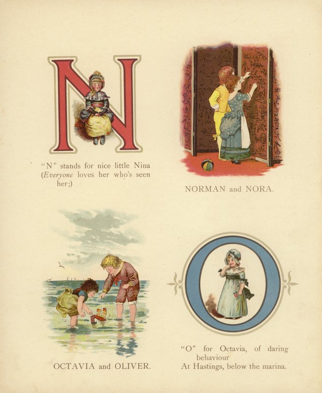 Barnens namn: Norman, Nora, Octavia, Oliver (färg litho) av English School