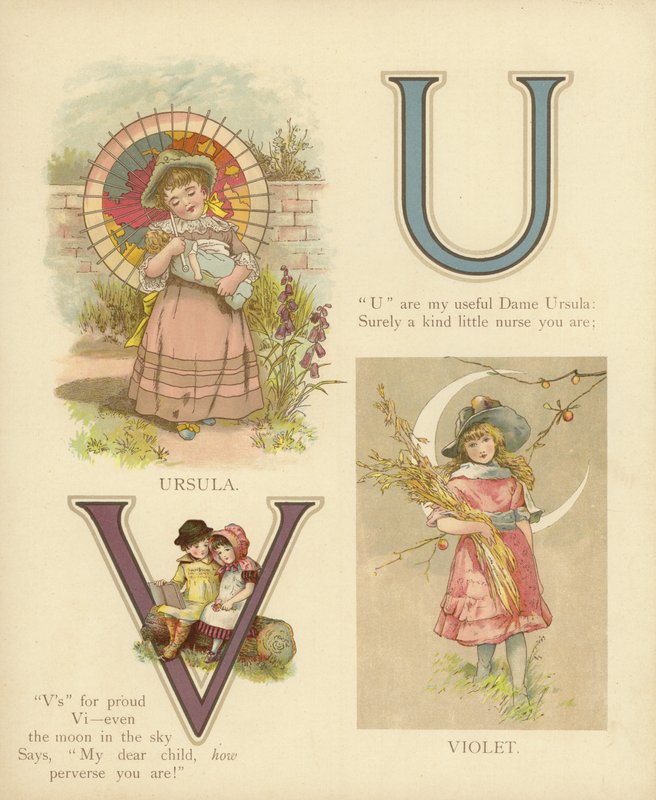 Barnens namn: Ursula, Violet (färg litho) av English School
