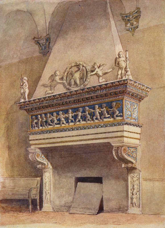 Skorstensstycke delle Agneli, Ducal Palace, Urbino, Italien (färg litho) av English School