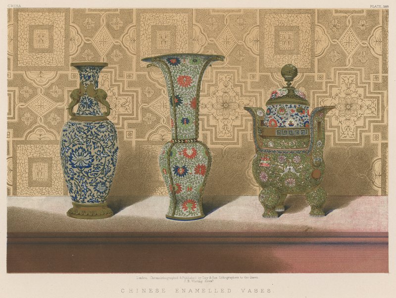 Kinesiska emaljerade vaser (chromolitho) av English School
