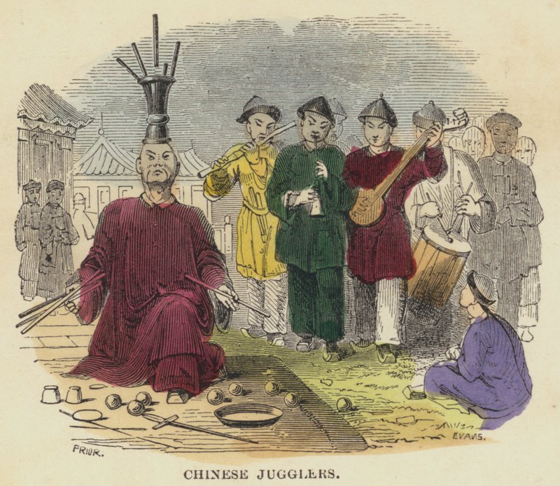 Kinesiska jonglörer (färgad gravyr) av English School