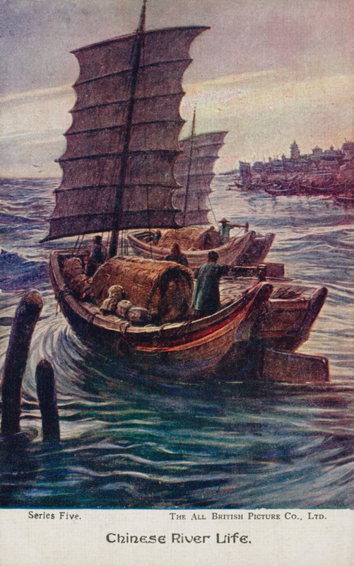 Kinesiskt flodliv (färg litho) av English School