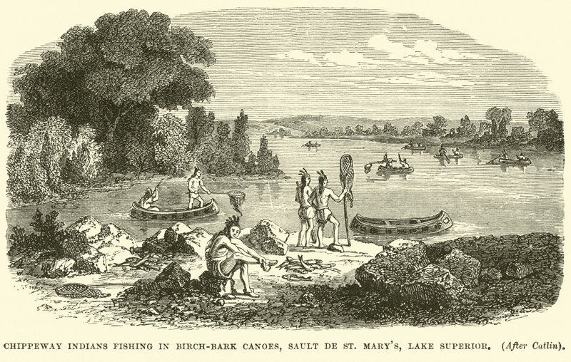 Chippeway-indianer som fiskar i björkbark-kanoter, Sault de St Marys, Lake Superior av English School