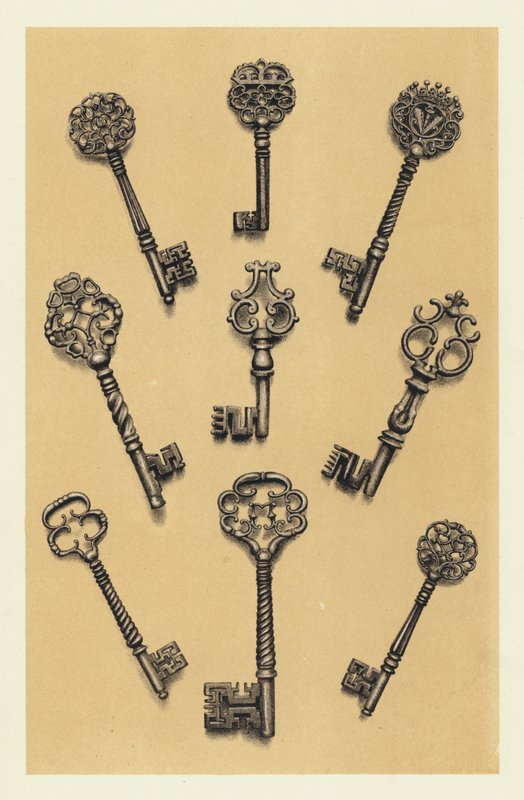 Mejslade stålnycklar från sextonde och sjuttonde århundradena (chromolitho) av English School