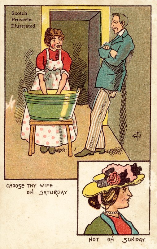 Välj din fru på lördag, inte på söndag (färg litho) av English School