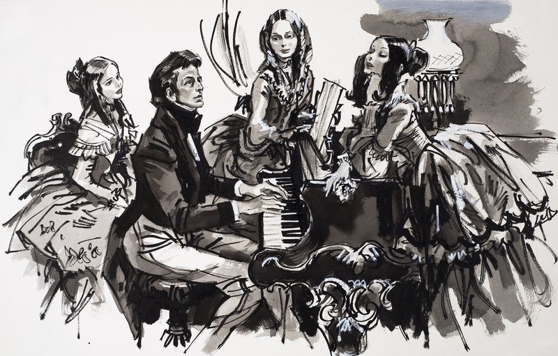 Chopin med kvinnliga beundrare (gouache på papper) av English School