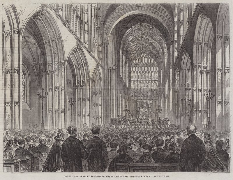 Körfestival i Sherborne Abbey Church på torsdagsveckan (gravyr) av English School