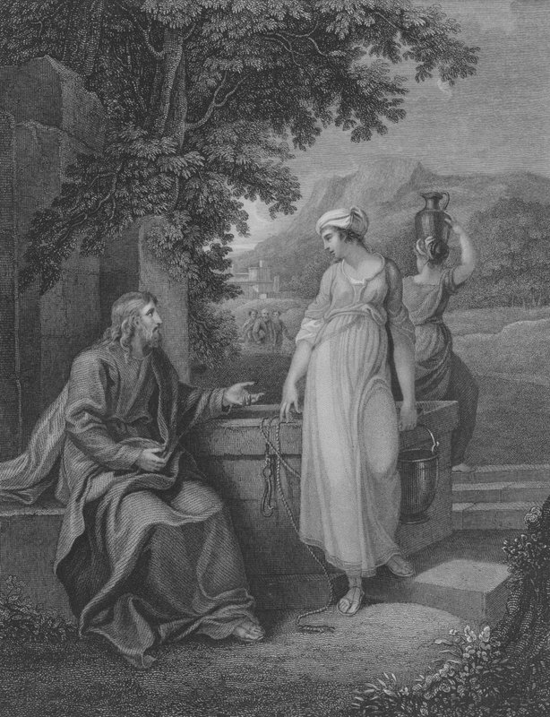 Kristus och kvinnan från Samaria, Johannesbrevet 4, vers 5-27 (gravyr) av English School