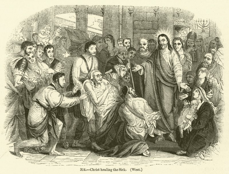 Kristus helar de sjuka, väst (gravyr) av English School
