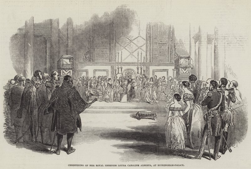 Dop av Hennes kungliga höghet Louisa Caroline Alberta, i Buckingham-Palace (gravyr) av English School