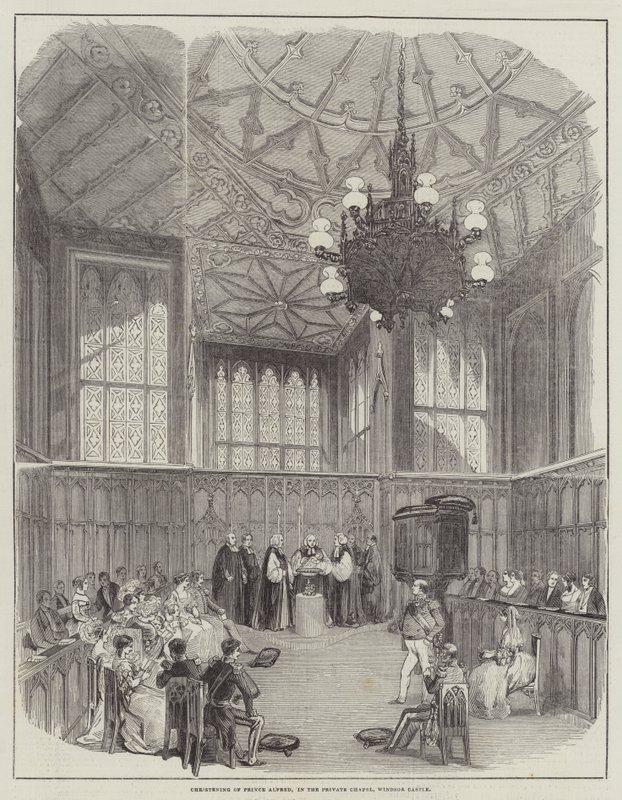 Prins Alfreds dop i det privata kapellet, Windsor Castle (gravyr) av English School