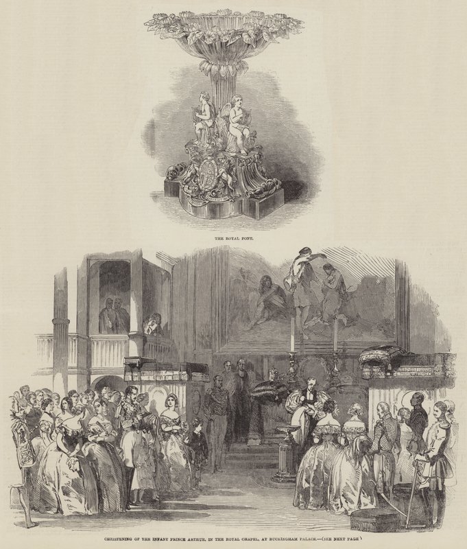 Dop av spädbarnet Prince Arthur, i det kungliga kapellet, på Buckingham Palace (gravyr) av English School