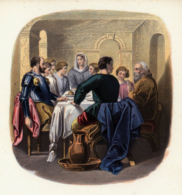 Christiana och pilgrimerna i Gaius hus, en illustration från The Pilgrim