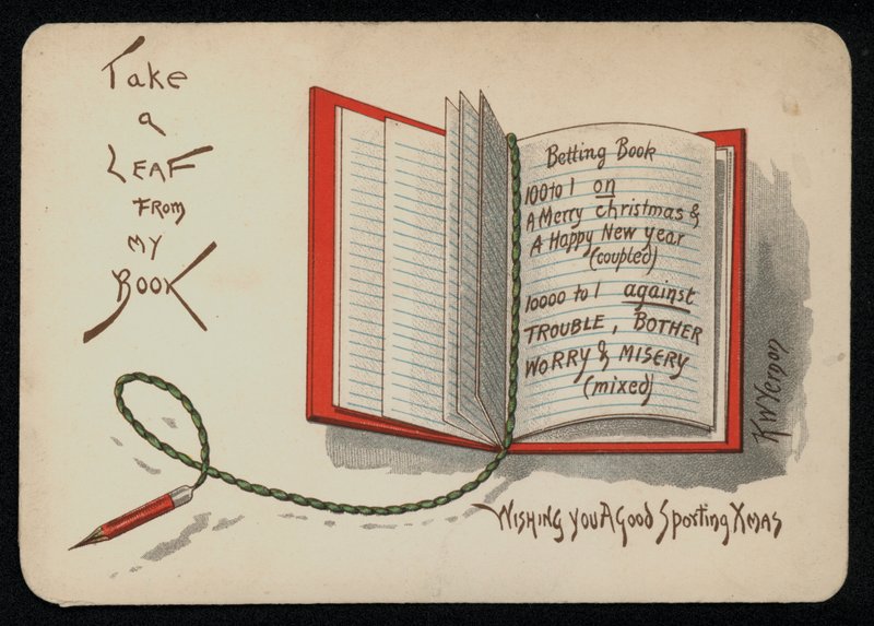 Jul- och nyårsönskningar avbildade i en bettingbok, hälsningskort. (chromolitho) av English School