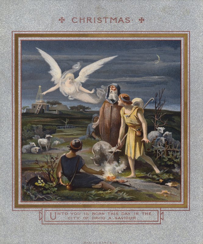 Julkort: Herdar som uppmärksammas på Jesu födelse när de vaktar sina hjordar på natten (chromolitho) av English School
