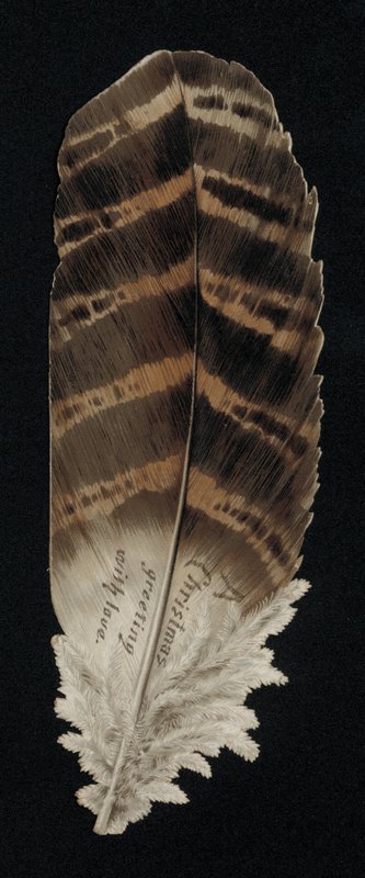 Julkort i form av en fjäder, gratulationskort. (chromolitho) av English School