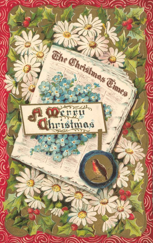 Jultidning, julhälsningskort, sent 1800-tal eller tidigt 1900-tal (chromolitho) av English School