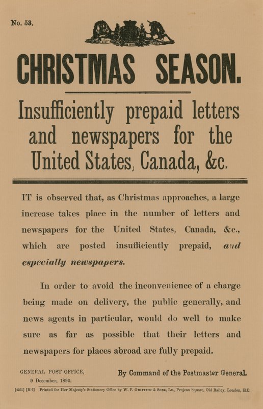Julportomeddelande på befallning av generalpostmästaren den 9 december 1890 av English School