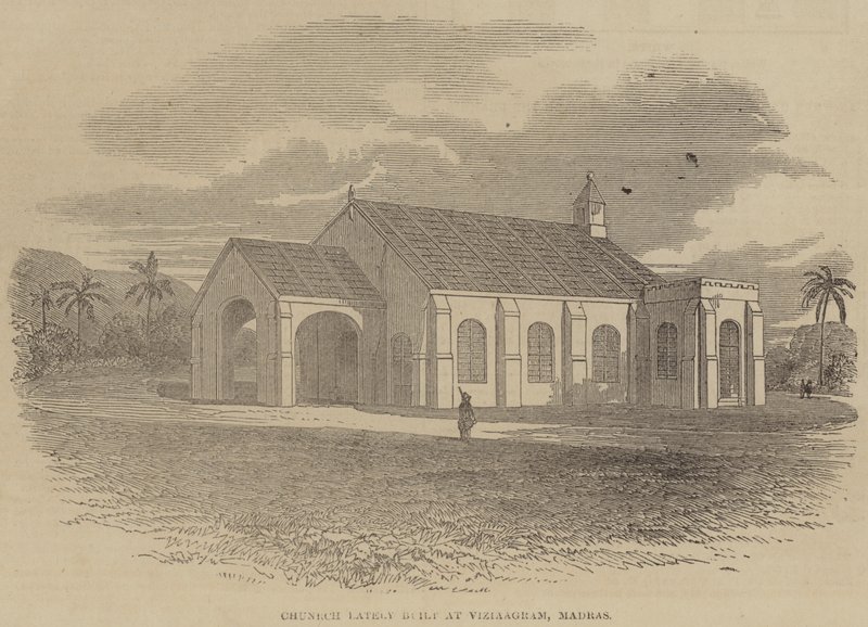 Kyrka Latili byggd Atu Vizinagaram, Madras (gravyr) av English School