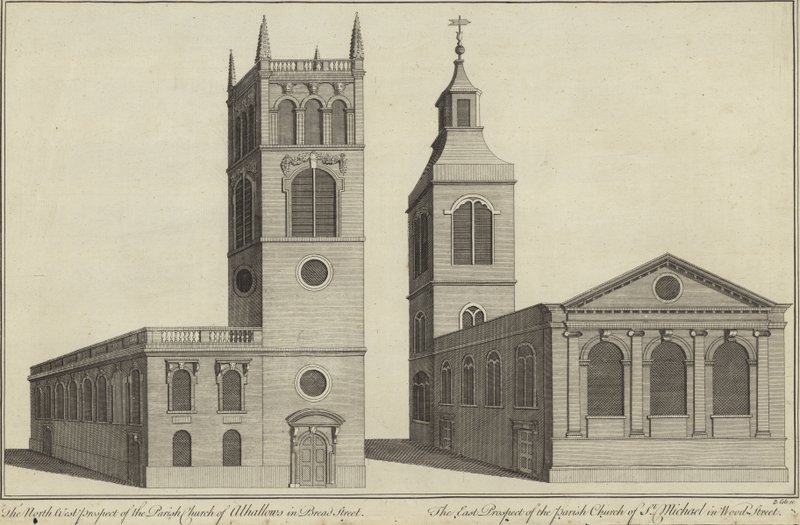 Church of Allhallows i Bread Street och Church of St Michael i Wood Street, London av English School