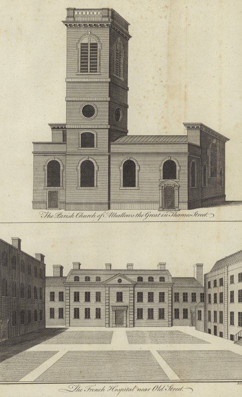 Church of Allhallows the Great, Thames Street och French Hospital nära Old Street, London av English School