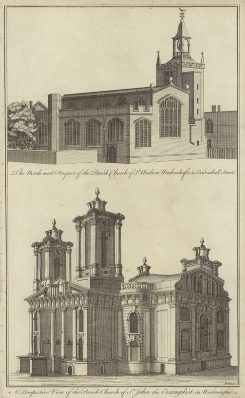 Church of St Andrew Undershaft i Leadenhall Street och Church of St John the Evangelist i Westminster, London av English School