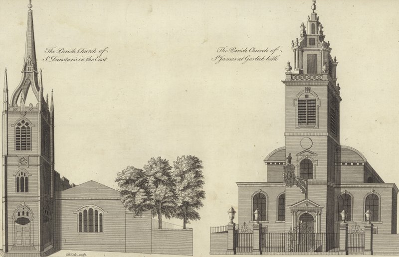 Church of St Dunstan i öst och Church of St James Garlickhythe, London av English School