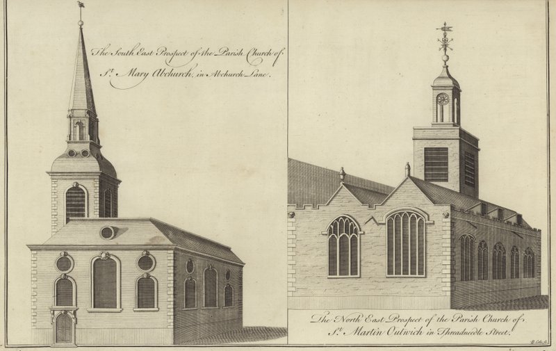 Church of St Mary Abchurch, Abchurch Lane och Church of St Martin Outwich i Threadneedle Street, London av English School