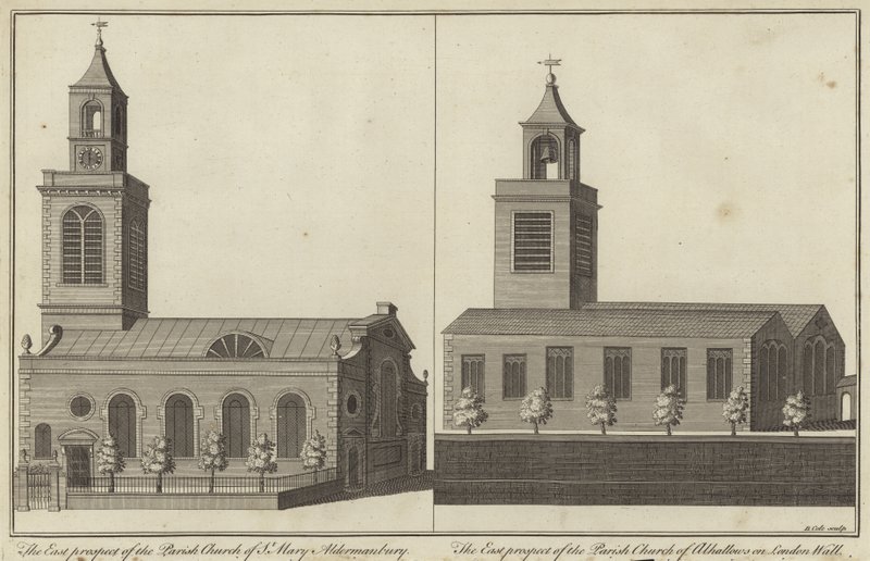 Church of St Mary, Aldermanbury och Church of Allhallows på London Wall, London av English School