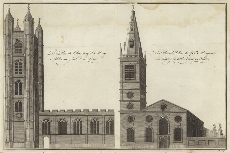 Church of St Mary Aldermary i Bow Lane och Church of St Margaret Pattens i Little Tower Street, London av English School